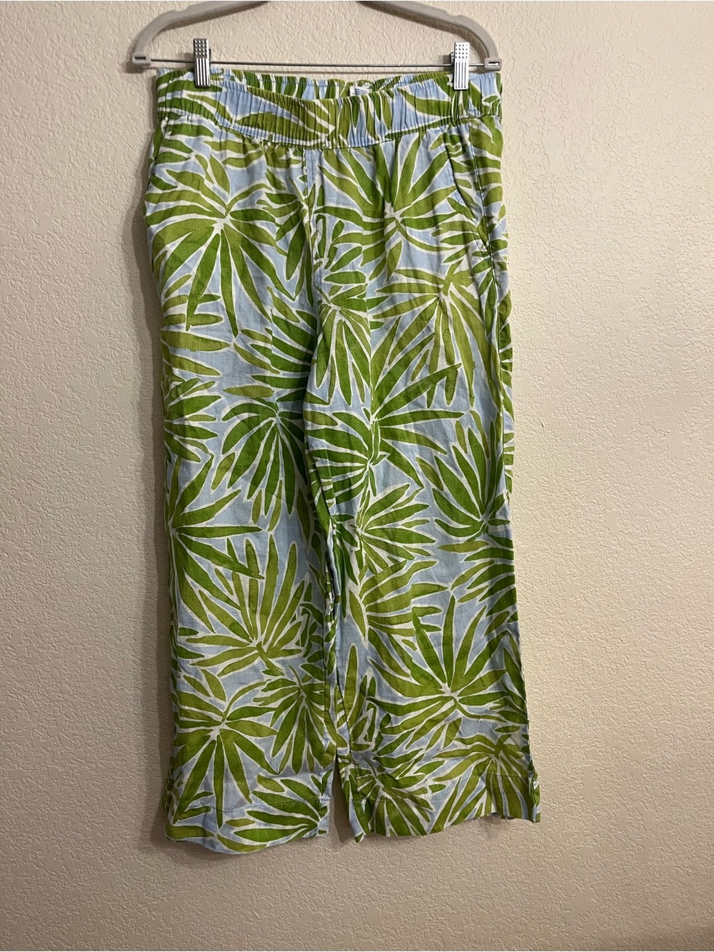 100% linen summer casual Sigrid Olsen Green Palm-Print Wide Leg Pants